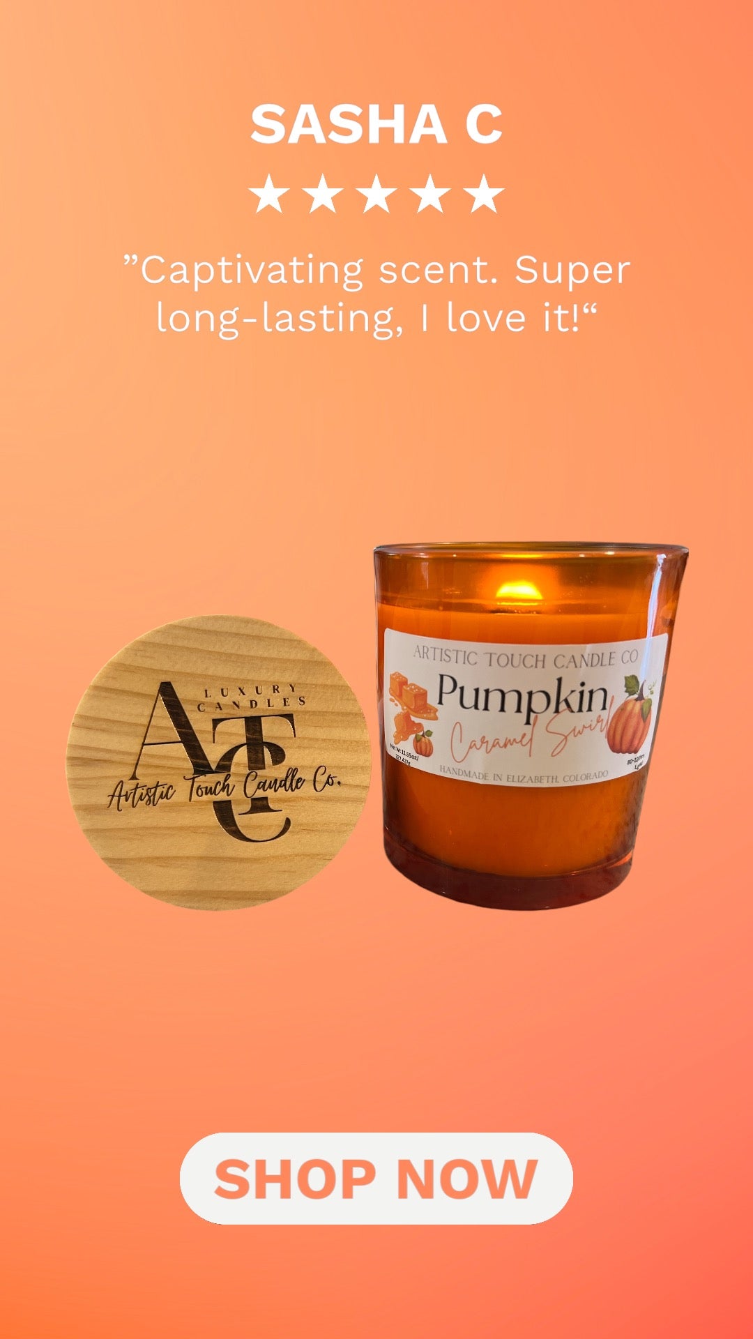 Pumpkin Caramel Swirl Soy Blend 11oz candle w/crackling wooden wick